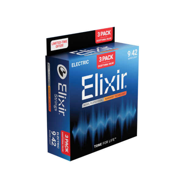 Elixir Nanoweb Electric Nickel Plated Steel 16566 3 Pack Super Light 9-42